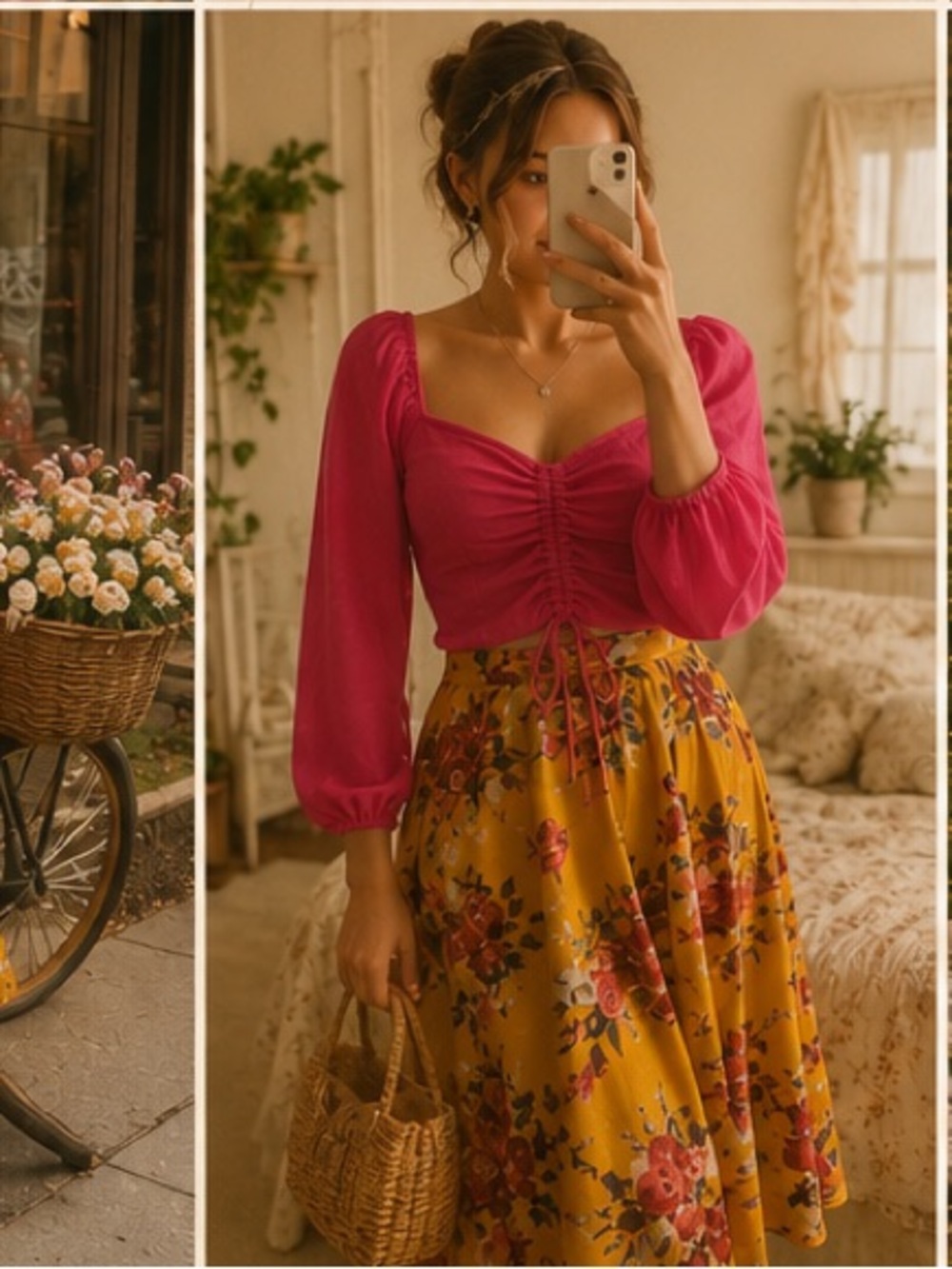 Fuchsia Ruched Long Sleeve Cropped Top and vintage satin floral swing skirt